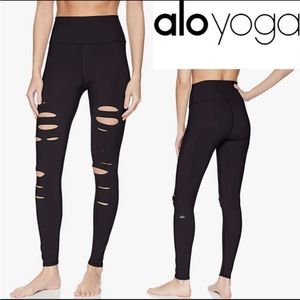 ALO YOGA Black High Waist Ripped Warrior Leggings